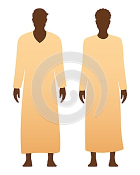 Man and woman in a muslim Thawb dresses isolated on white background. Dishdahsa vector illustration.