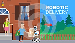 Man and woman near their house door and robot courier with cardboard box parcel .artificial intelligence automatic delivery