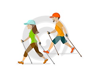 Man and woman nordic walking