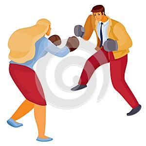 Man and woman in office clothes box with each other, aggression, defense, argument, assault, discussion, isolated object
