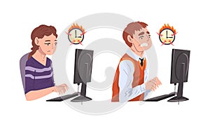 Man and Woman Office Worker Failed with Deadline Staying Late at Workplace and Burning Clock Vector Set