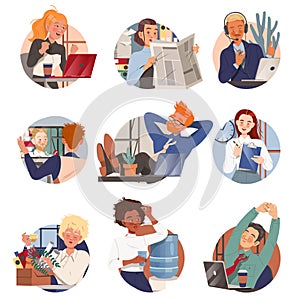 Man and Woman Office Worker at Workspace Performing Duties Circle Composition Vector Set