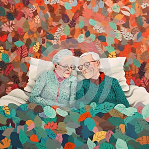 old woman man couple asleep happy sleeping bed retired together love aged. Generative AI.