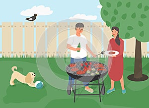 Man and woman outdoor barbecue party vector illustration. Man cooking BBQ meat, tomatos, squash, sausages.