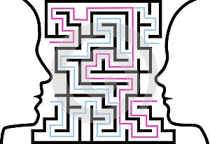 Man woman outline profiles face a puzzle in maze