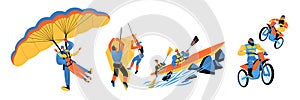 A man and a woman parachute, rock climb, kayak and motocross. Lifestyle illustration with extreme sports lovers