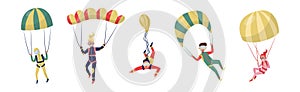 Man and Woman Paratrooper or Parachutist Free-falling and Descenting with Parachutes Vector Set