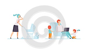 Man and Woman Parent Working and Nursing Children Combining Job and Family Duty Vector Set