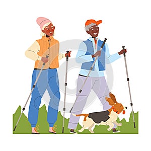 Man and Woman Pensioner Character Pole Walking with Dog Engaged in Hobby Activity on Retirement Vector Illustration