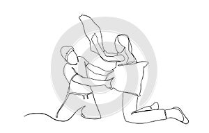 Man and woman pillow fighting countinious line illustration. Pilow fight. Self isolation. concept of staying home. A man and woman