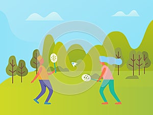 People Playing Badminton Outdoor, Nature Vector
