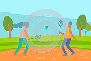 Man and Woman Playing Badminton Outdoors, Summer