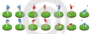 Man and woman playing golf on a golf course. Golf club concept. Isometric Sport design elements. Flat vector set.