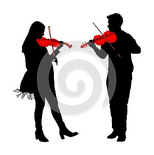 Man and woman playing violin duet  silhouette isolated on white. Classic music performer concert. Musician artist amusement