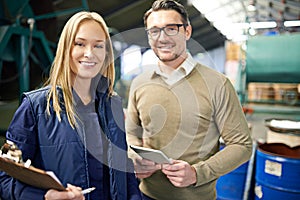 Man, woman and portrait for warehouse inspection with clipboard or tablet for supply chain, distribution or