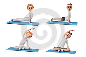 Man and woman practicing yoga on mats. Vector characters in cobra, lotus pose with sideways tilt