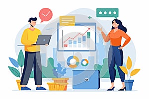 Man and Woman Presenting Data Analysts Trending SImp, Two people presenting data analysts trending, Simple and minimalist flat photo