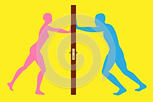 Man and woman push a door from the opposite direction