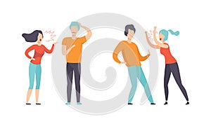 Man and Woman Quarrelling and Arguing with Each Other Shouting and Yelling Vector Illustration Set