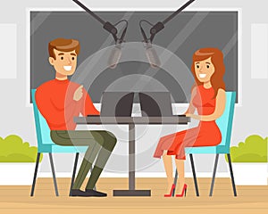 Man and Woman on the Radio Podcast with Microphone Talking Live in Studio Vector Illustration