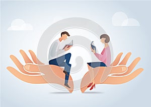 Man and woman reading books on big hands, education concept vector