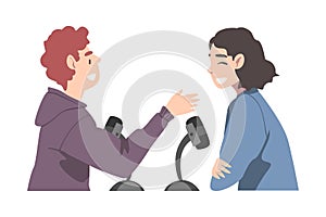 Man and Woman Recording Podcast, Radio Host Interviewing Guest in Studio on Air, Podcasting Cartoon Style Vector