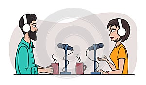 Man and woman are recording in studio. The podcast hosts speak into microphone.