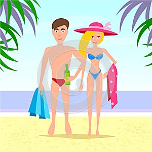 Man and Woman Relaxing On The Beach. Vector Couple Characters.