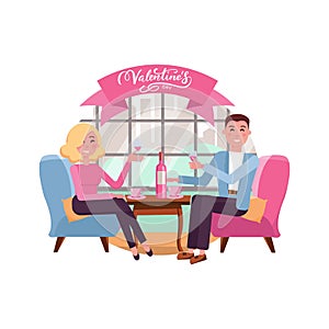 Man and woman in restaurant on the romantic date. Couple in love. People sitting at the table with a glass of wine