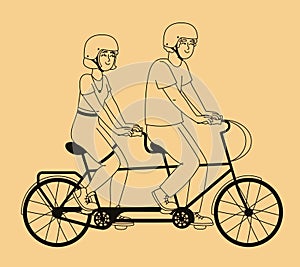Man and woman ride two seater bicycle.