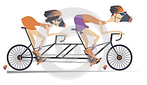 Man and woman riding bicycle. Man and woman in protective mask ride a tandem bike illustration