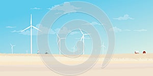 Man and woman riding bicycle together in countryside fields with wind turbines and blue sky background flat design vector
