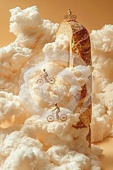 A man and a woman are riding bicycles in the clouds