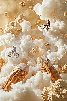 A man and a woman are riding bicycles in the sky