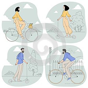 man and woman riding bikes and electric scooters