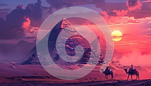A man and a woman are riding camels in front of the pyramids of Giza by AI generated image