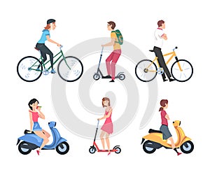 Man and Woman Riding Scooter and Bicycle Side View Vector Set