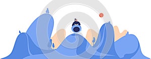 Man or woman riding snow tubing donut in winter landscape. Vector scene with blue hills, trees and active lifestyle character on