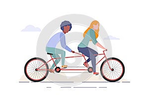 Man and woman riding tandem bicycle. Couple rides a bike. Family teamwork concept. Flat style web illustration isolated o white