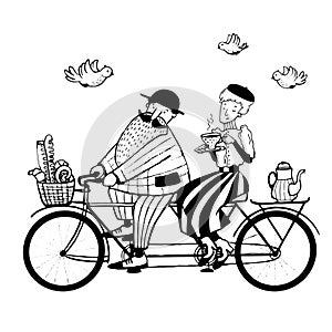 man and woman riding tandem bicycle, ink art illustration, vector vintage clipart with cartoon characters