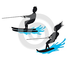 Man and woman riding waterski and wakeboard silhouette