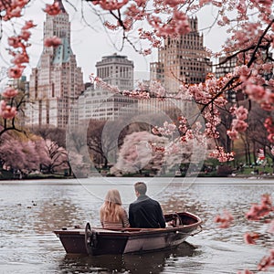 A man and a woman row a boat on a cherry blossomlined lake