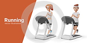 Man and woman run on treadmill. Vector characters doing sports indoors