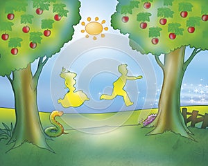 Man and woman running (Gingerbread boy fairy tale)