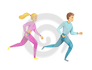 Man and woman Running. watercolor isolated illustration. boy and girl Jogging