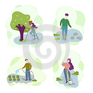 Man and woman in rural. Water the vegetables, sow, dig the ground, collect fruit. Season agriculture harvest work scene set.
