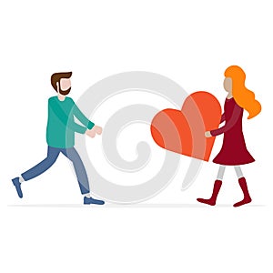 Man, woman rush to each other for a meeting, heart