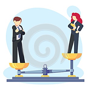 Man woman scales concept with male and female, male weighing more. Gender gap and inequality Businessman and