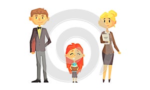 Man and Woman School Teacher or Educator and Girl Pupil with Book Vector Set