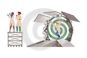 Man and Woman Scientist Character Conducting Scientific Research with Magnifying Glass and Time Machine Vector